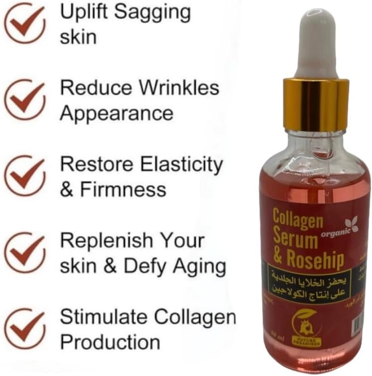 Collagen Serum & Rosehip - 100% Natural - Anti Aging Face Serum Moisturizer For Skin Tightening - Collagen Booster - For All Skin Types