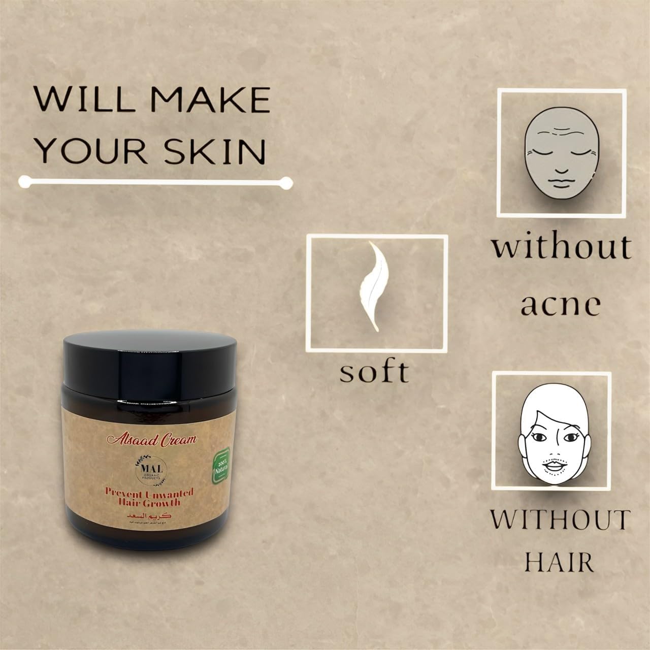 MAL ORGANIC PRODUCTS Original Al-Saad Natural Cream for Reducing Unwanted Hair Growth - Safe & Effective for Face & Body - 100% Natural