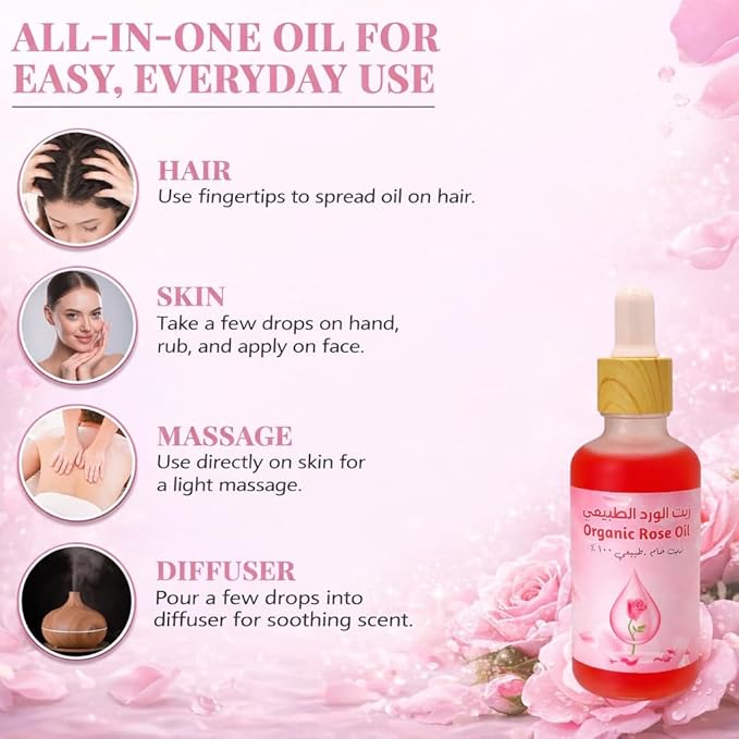 Rose Oil, Face, Skin & Hair Oil, 100% Natural, Hydrating, Moisturizing, Softening, Brightening, Even Skin Tone, Massage & Diffuser Use, 50 ml