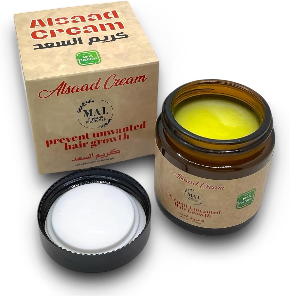 MAL ORGANIC PRODUCTS Original Al-Saad Natural Cream for Reducing Unwanted Hair Growth - Safe & Effective for Face & Body - 100% Natural