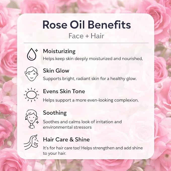 Rose Oil, Face, Skin & Hair Oil, 100% Natural, Hydrating, Moisturizing, Softening, Brightening, Even Skin Tone, Massage & Diffuser Use, 50 ml