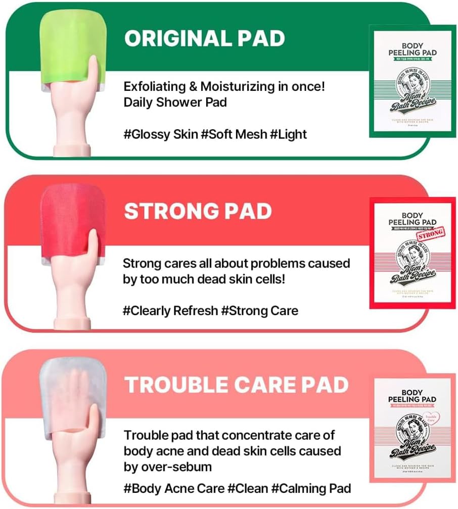 Mom's Bath Recipe 8 pcs Korean Body Peeling Pad Strong - Bubble Body Wash & Scrub Gloves With Kelp & Biotics - Intense Exfoliating Mitts for Dead Skin Cells, Goosebumps & Scaly Skin