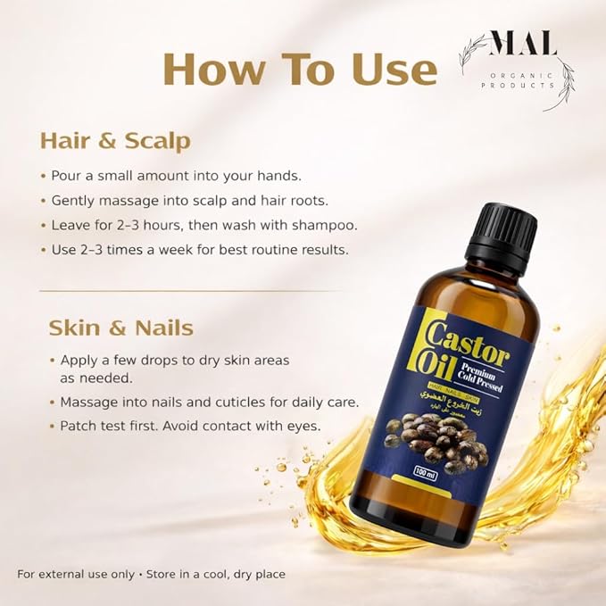 Castor Oil 100ml, Cold Pressed – For Hair & Scalp Massage, Brows & Lashes, Skin & Nails