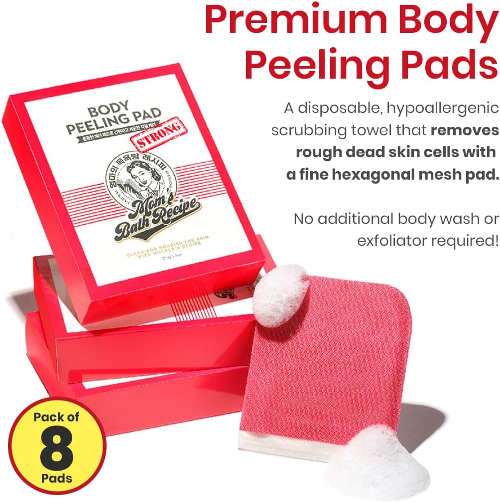 Mom's Bath Recipe 8 pcs Korean Body Peeling Pad Strong - Bubble Body Wash & Scrub Gloves With Kelp & Biotics - Intense Exfoliating Mitts for Dead Skin Cells, Goosebumps & Scaly Skin