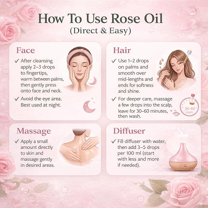 Rose Oil, Face, Skin & Hair Oil, 100% Natural, Hydrating, Moisturizing, Softening, Brightening, Even Skin Tone, Massage & Diffuser Use, 50 ml